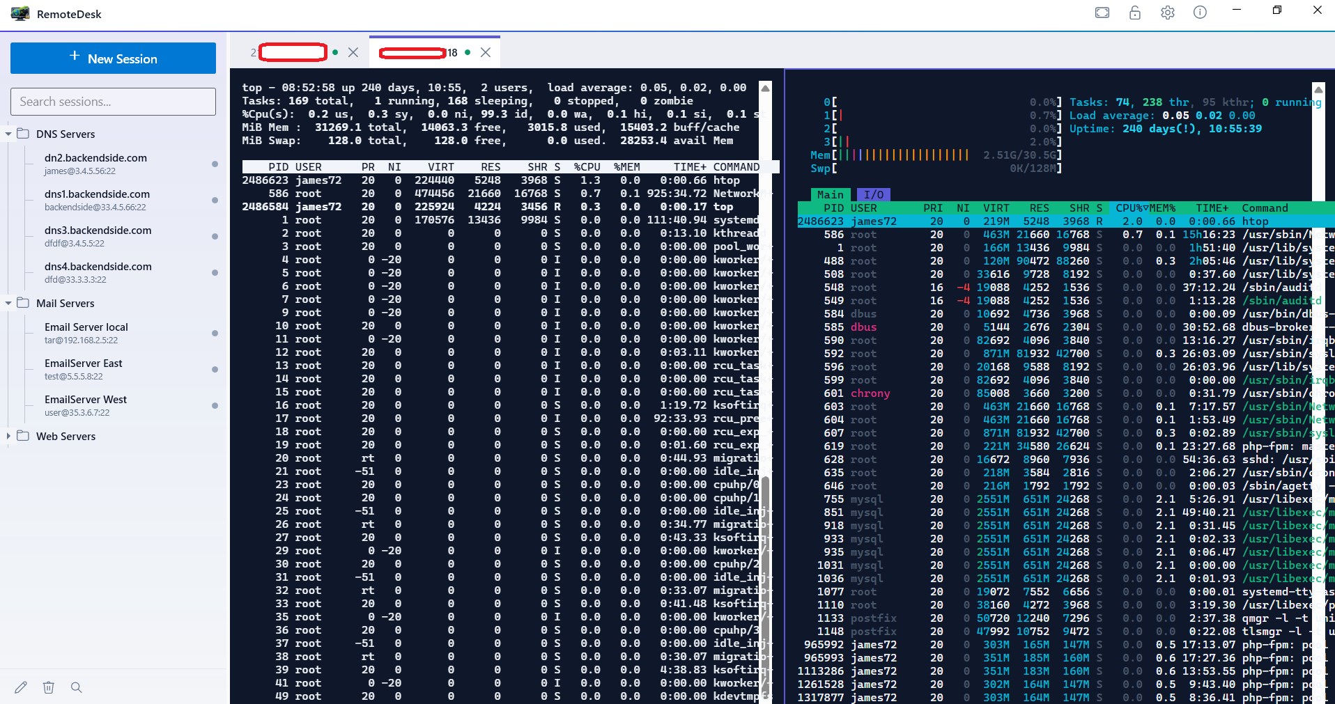 Multi View tiling two live SSH sessions side by side in one window, the left running top and the right running htop against different servers