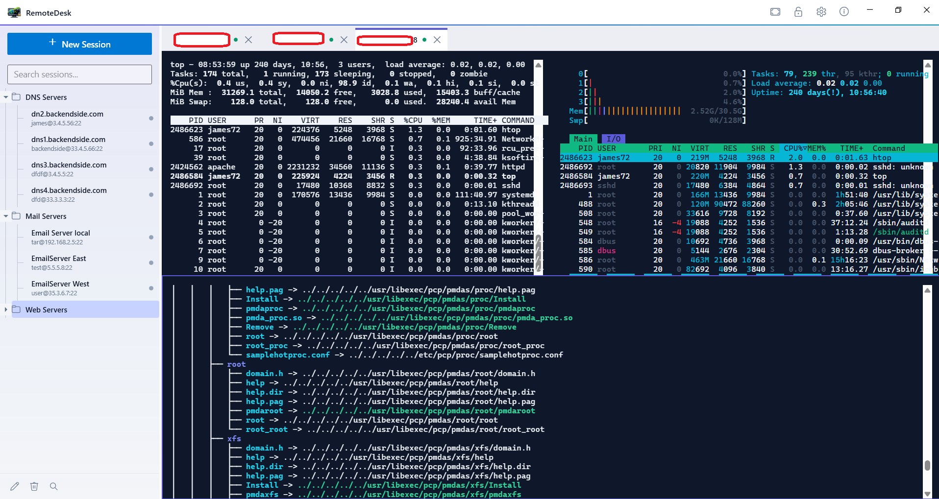 Multi View tiling three live SSH sessions at once: top and htop across the upper half and a directory listing scrolling in a full-width pane beneath them