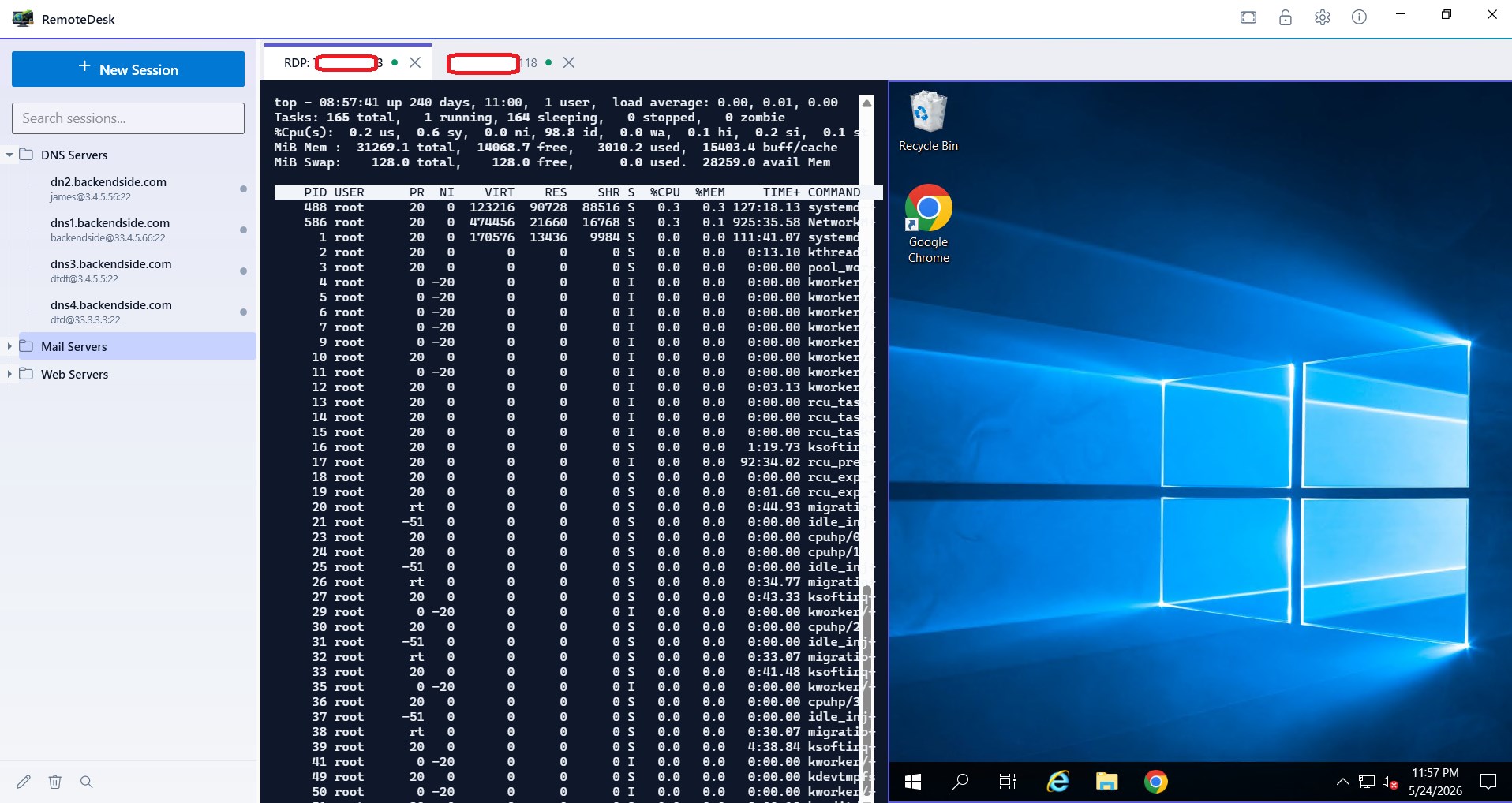 An RDP session and an SSH session tiled side by side in the same window: a live Windows desktop with its taskbar on the right, and a terminal running top on a Linux server on the left