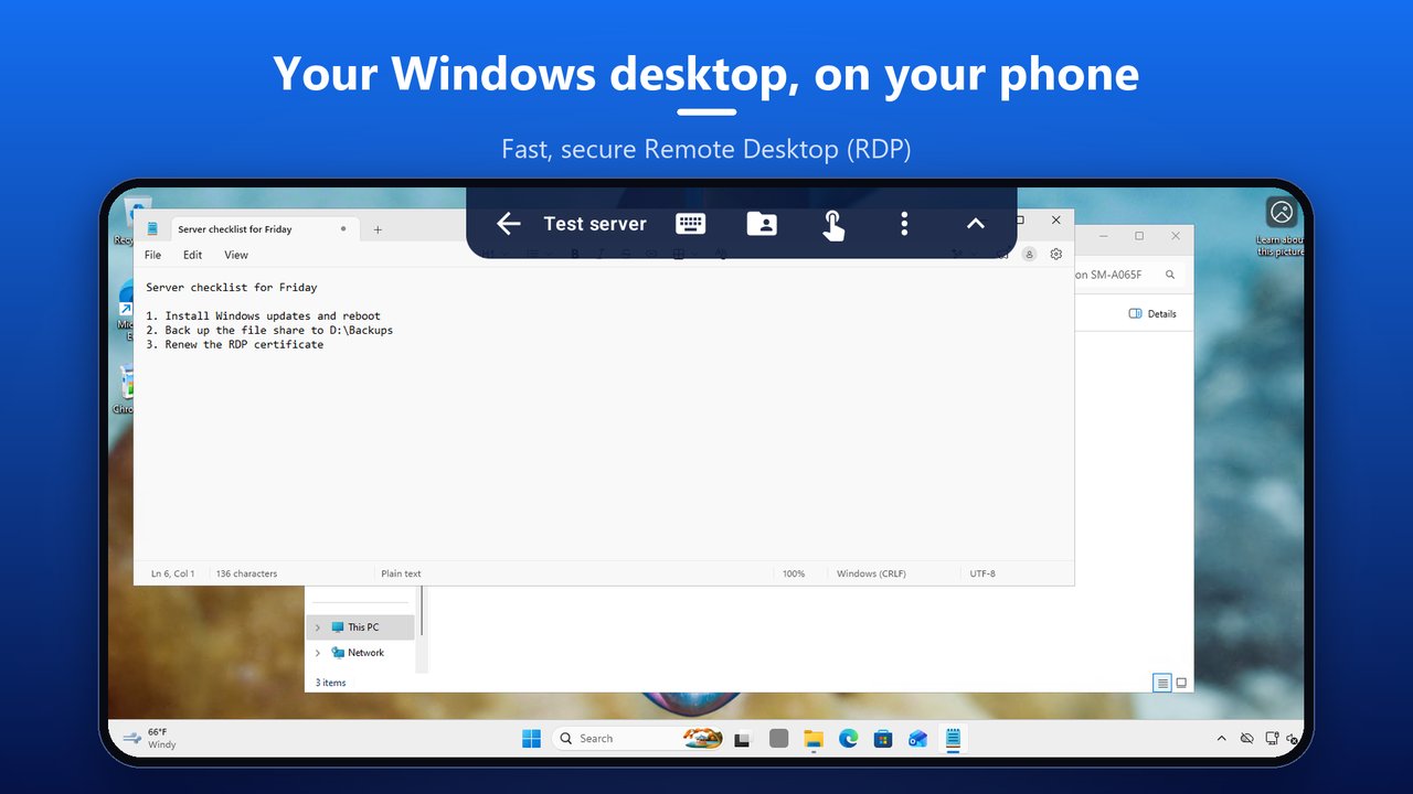 A Windows desktop open in Remotica in landscape, with Notepad on screen and Remotica's toolbar at the top