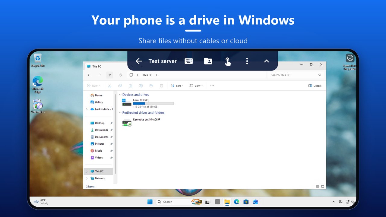 Windows File Explorer in a Remotica session showing This PC with the Remotica drive under Redirected drives and folders