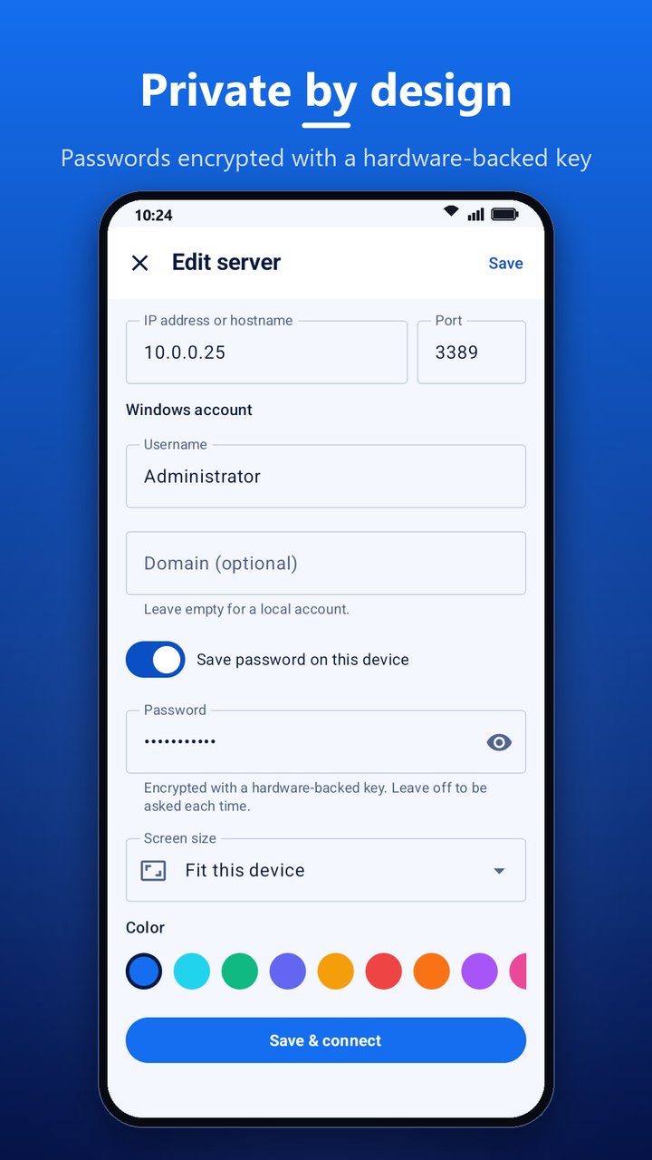 Remotica's Edit server screen with address, port, Windows account, domain, a saved password encrypted with a hardware-backed key, screen size, colour and a Save and connect button