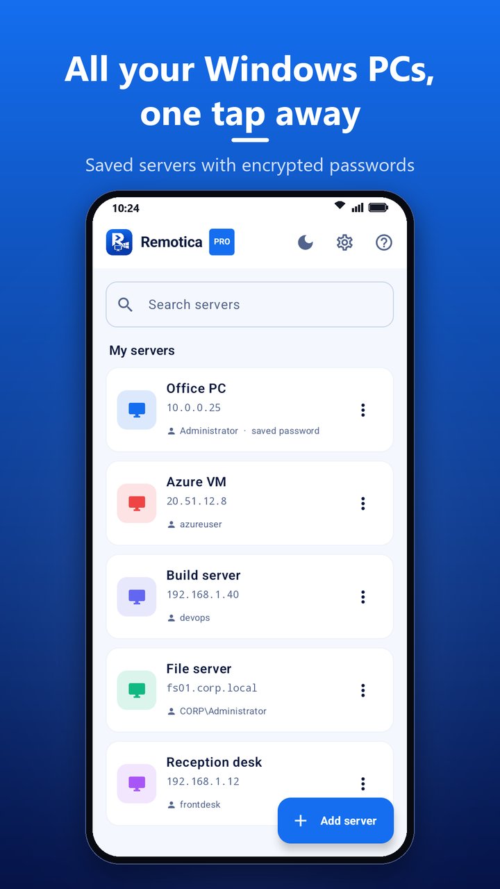 Remotica's server list in the light theme with five saved Windows PCs and servers as coloured cards, a search box and an Add server button