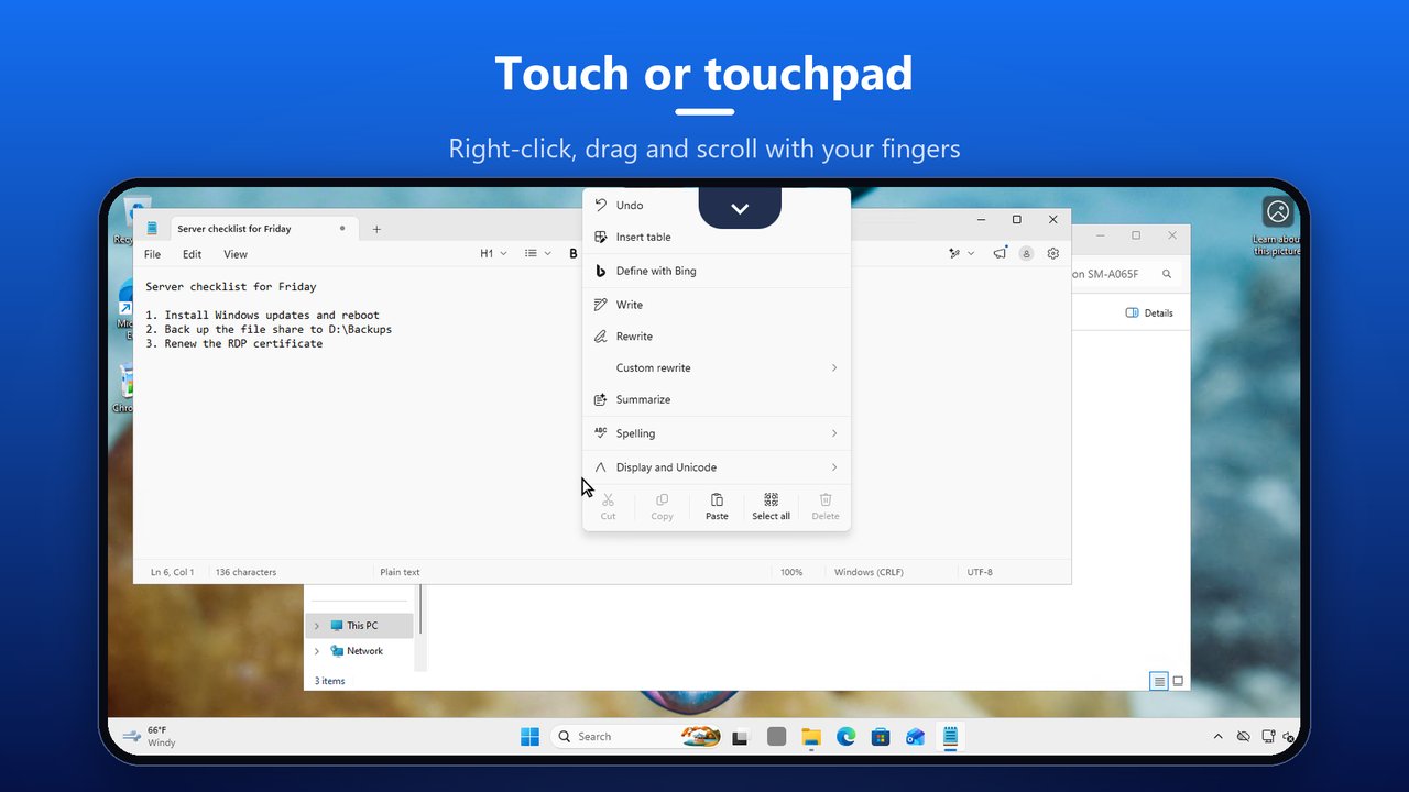 A right-click menu open in Notepad during a Remotica session, with the touchpad pointer on screen