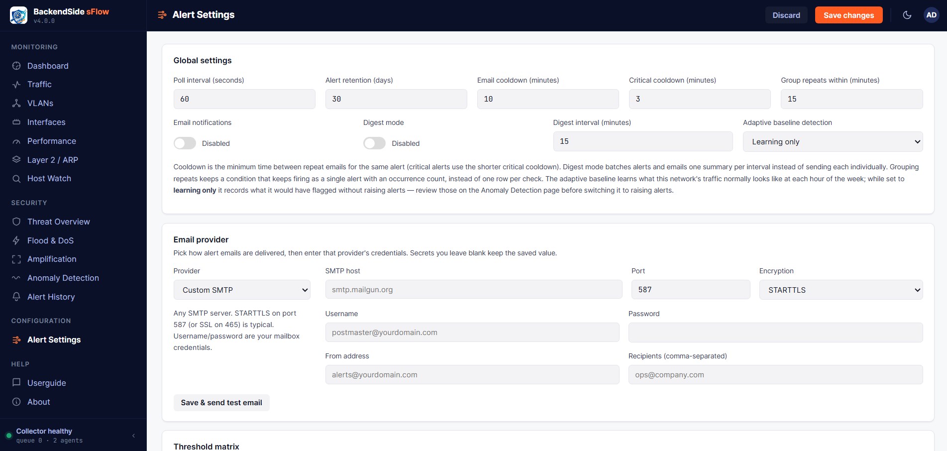 Alert settings with email/SMTP delivery, cooldowns, digest mode and adaptive baseline options
