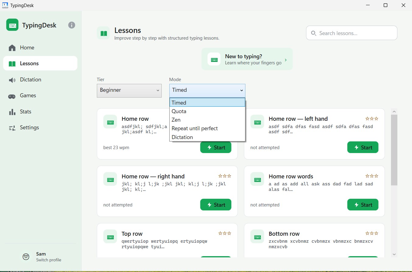 The Lessons screen with a New to typing? banner, a Tier list set to Beginner and an open Mode list showing Timed, Quota, Zen, Repeat until perfect and Dictation, above lesson cards for Home row, Home row left hand, Home row right hand, Home row words, Top row and Bottom row, each with stars and a Start button