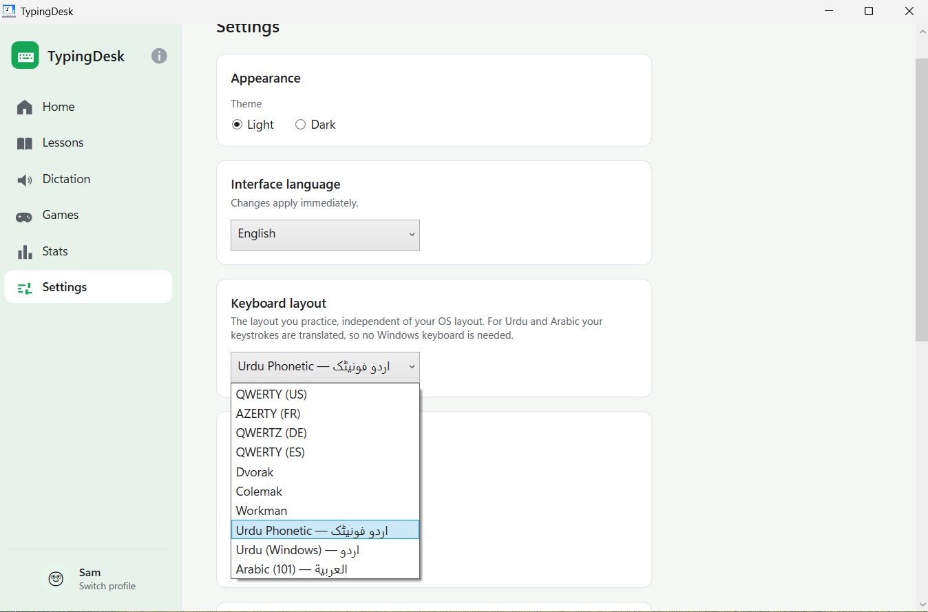 The Settings screen with the Keyboard layout list open, showing QWERTY (US), AZERTY (FR), QWERTZ (DE), QWERTY (ES), Dvorak, Colemak, Workman, Urdu Phonetic, Urdu (Windows) and Arabic (101), with a note that keystrokes are translated for Urdu and Arabic so no Windows keyboard is needed