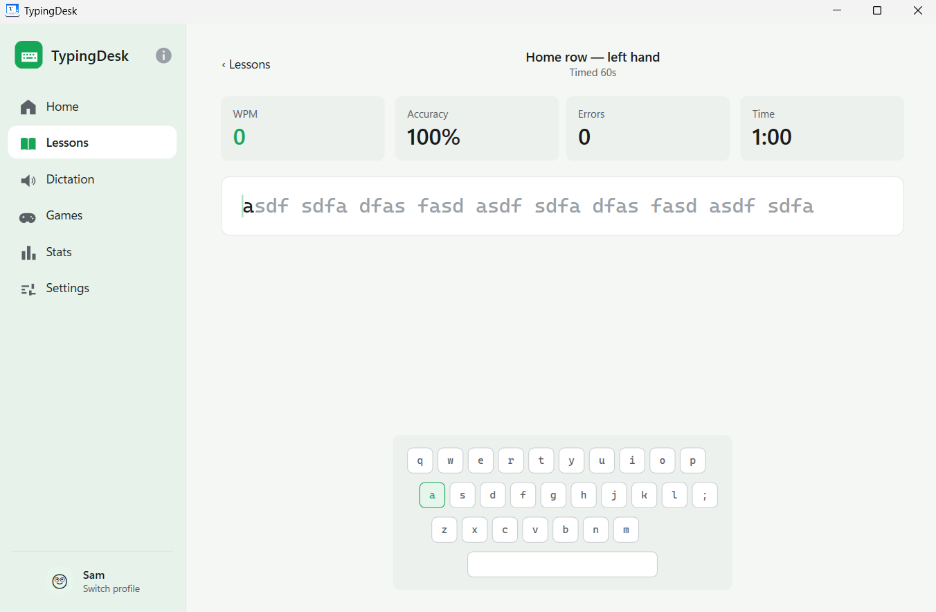 The typing screen on the Home row left hand lesson in Timed 60s mode, with WPM, Accuracy, Errors and Time readouts above the passage asdf sdfa dfas fasd, and the on-screen QWERTY keyboard below highlighting the A key as the next one to press