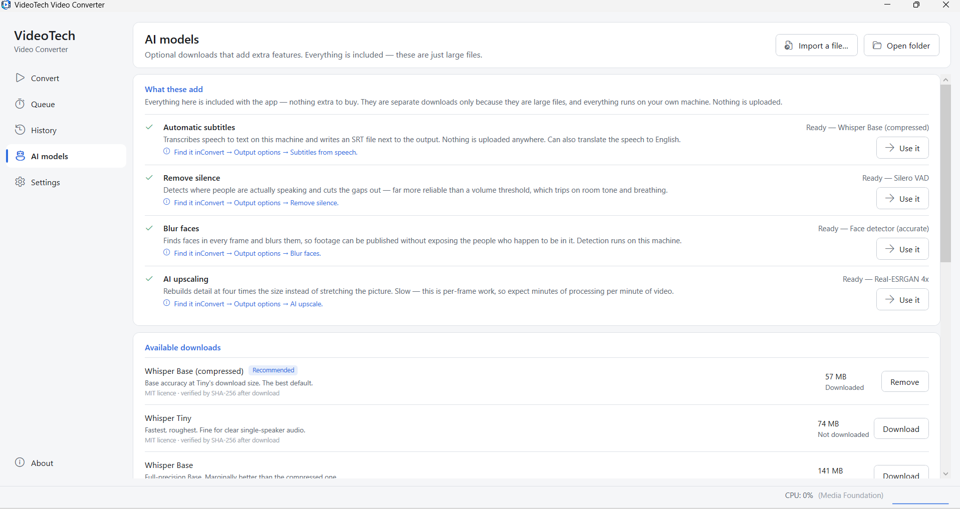 The VideoTech AI models page listing automatic subtitles, remove silence, blur faces and AI upscaling as Ready with the model each one is using, above a list of available downloads with sizes, licences and Download buttons